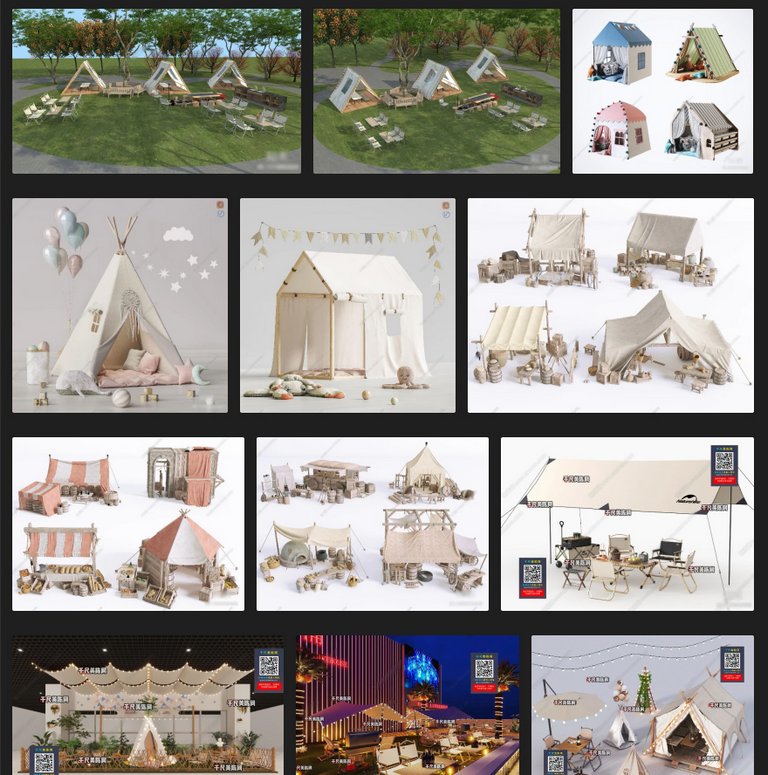 户外露营帐篷天幕烧烤篝火3D模型库预览图